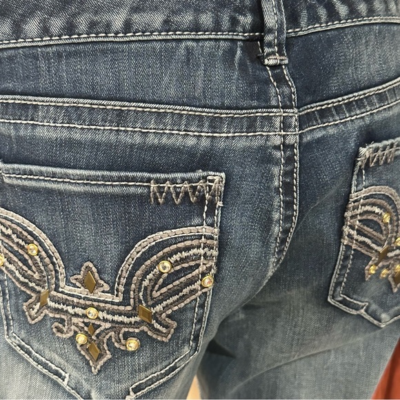 Like New Cache Gold Tone Embellished Flare Denim Jeans | 8 - Picture 3 of 10